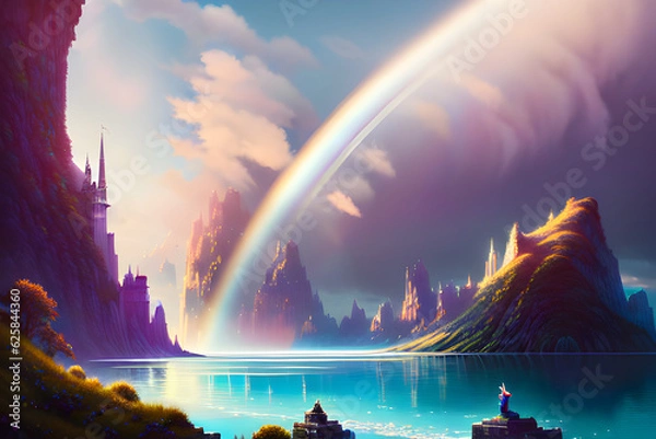 Fototapeta Fairytale scenery with fantastic and beautiful waterfalls and rainbows floating in the air.
Generative AI
