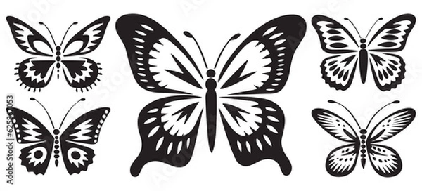 Obraz Butterfly set of black and white wings in the style of wavy lines. Butterfly tattoo silhouettes for wall decoration, hand drawn stickers for your backgrounds