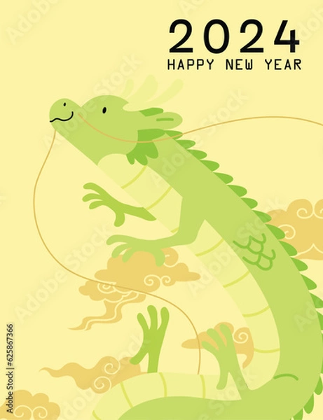 Fototapeta Cute flying chinese dragon for cny 2024 card vector template. Year of the dragon design with dragon flying in asian auspicious clouds background. Happy lunar new year card in Asia.