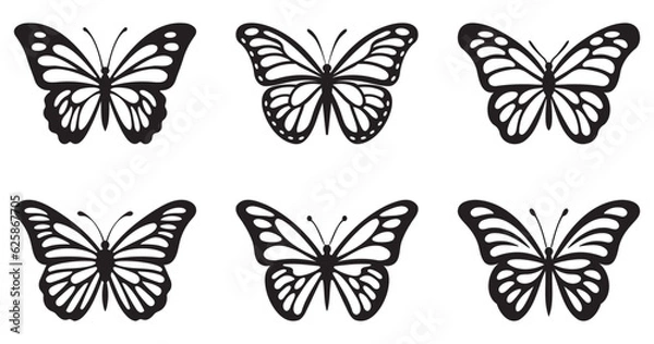 Obraz Silhouettes of butterflies, Insect butterfly black silhouettes, Set of tattoo and sticker type vector butterflies