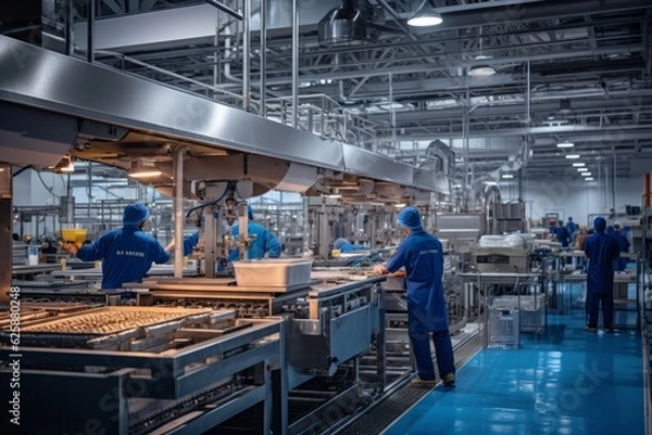 Fototapeta Food Processing Plant With Workers, Generative AI