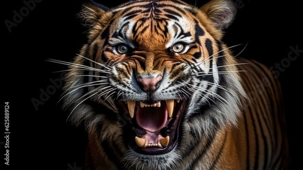 Fototapeta Furious tiger growling and sprinting aggressively, wildlife, action shot, with generative AI.