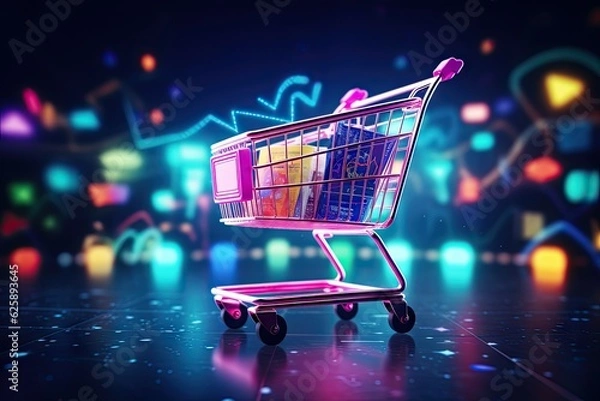Fototapeta Shopping cart with neon colorful  can be viewed in modern stores with copy space
