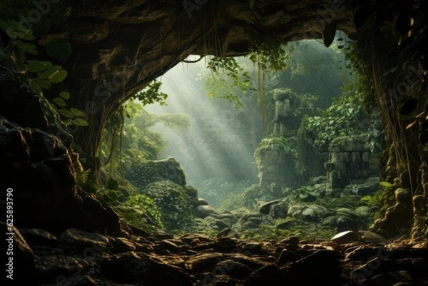 Fototapeta Hidden cave entrance in a lush jungle, Generative AI