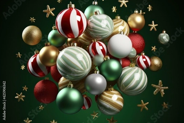 Fototapeta 3d rendering of christmas baubles on a green background