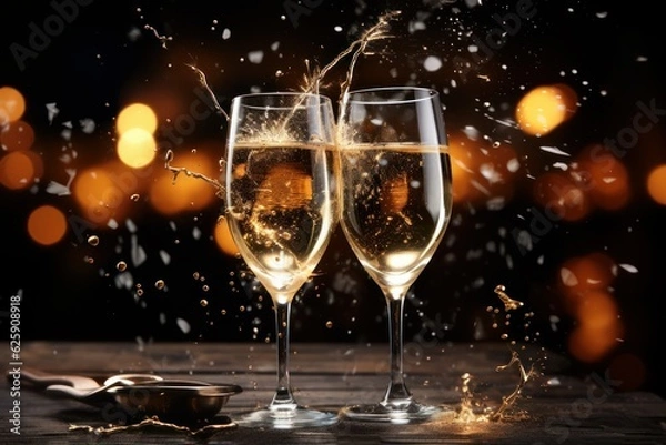 Fototapeta Glasses of champagne with splash on wooden table against bokeh background