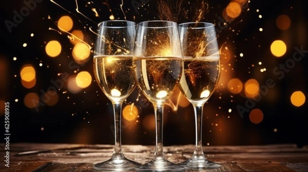 Fototapeta Glasses of champagne with splash and bokeh lights on background