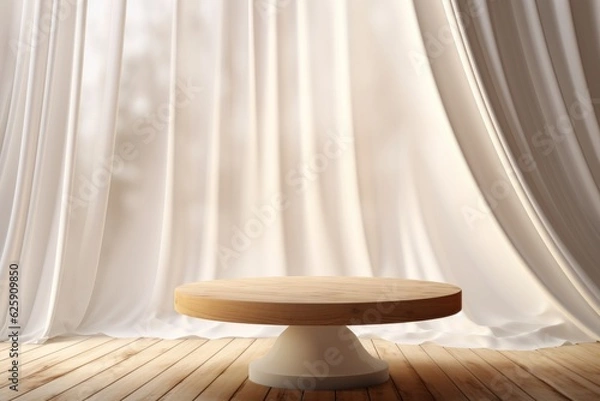 Fototapeta Wooden table in front of curtains. 3d rendering, mock up