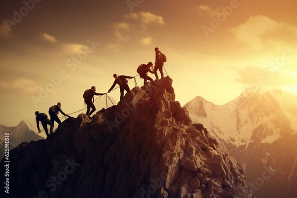 Fototapeta The silhouette Team work climbing and helping to top of mountain under sunset sky . The concepted of teamwork goal success . Generative AI