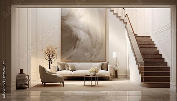Fototapeta White marble floor tile, luxury living room with beige corner sofa, wooden stairway in sunlight from floor, interior design background