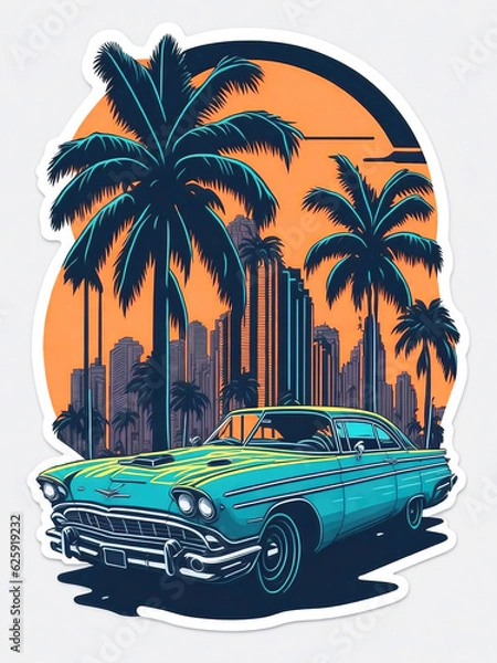 Fototapeta Retro car with palms flat sticker illustration, t-shirt graphic design, generative Ai.