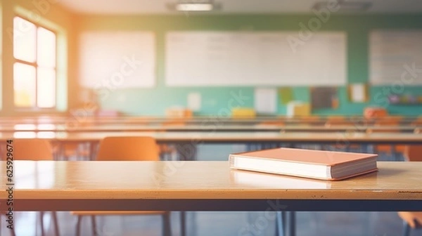 Obraz School classroom in blur background without young student. Blurry view of elementary class room no kid or teacher with chairs and tables in campus. Back to school concept