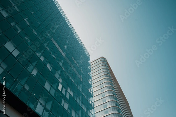 Fototapeta Contemporary residential buildings exterior in the daylight. Modern European residential apartment and office buildings quarter on a sunny day. Skyscrapers against blue sky, bottom view. 
