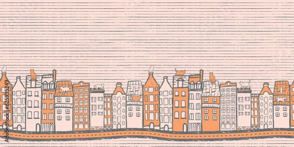 Fototapeta Vector beige orange city border seamless pattern