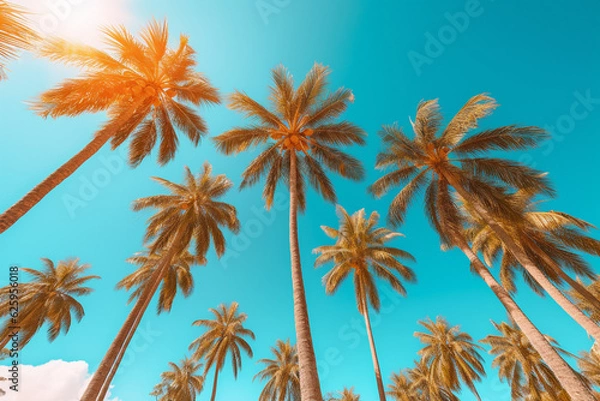 Fototapeta Palm tree branches over blue sky, tropical background with copyspace and frame Generative AI