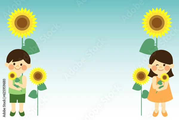 Obraz 向日葵と子供達（背景グラデーション）