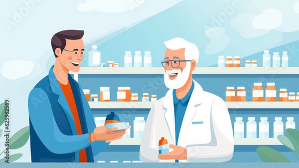 Obraz Cartoon Apotheker in einer Apotheke verkauft Medikamente, Generiert mit KI