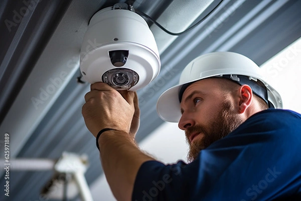 Fototapeta Electrician fixing cctv camera, Generative AI