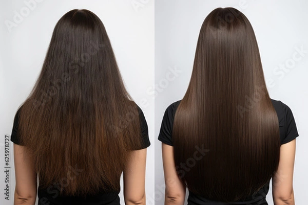 Fototapeta Woman With Long Hair, Back View, Showing The Results Of Keratin Treatment, Before And After Salon Treatment. Generative AI