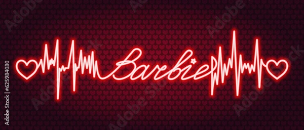 Fototapeta Red neon. The text is decorated with pulse, hearts and a star. Color vector illustration. Broken zigzag line and romantic lettering in italics. Isolated background of red hearts. Idea for web design