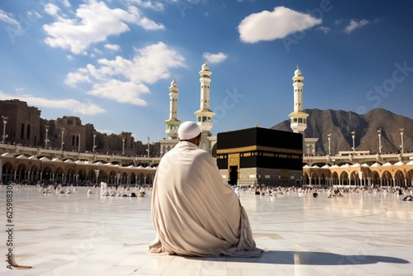 Fototapeta Man in pilgrim performing haj or umrah in front of kaaba, Mecca 