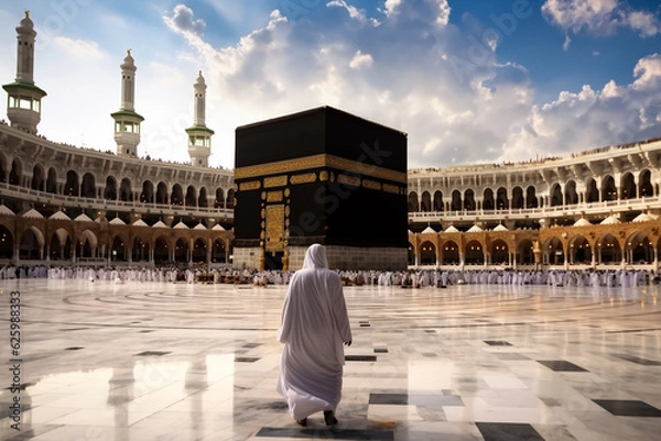Fototapeta Man in pilgrim performing haj or umrah in front of kaaba, Mecca 