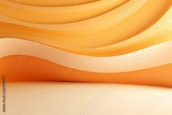 Obraz 3Dイラスト風背景。オレンジの曲線的な壁と平らな床がある抽象的な空間。AI生成画像