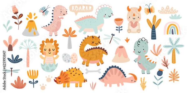 Fototapeta Śliczny zestaw dino z drzewami, roślinami i innymi elementami do twojego projektu, dziecięce ręcznie rysowane elementy dinozaurów. Żłobek