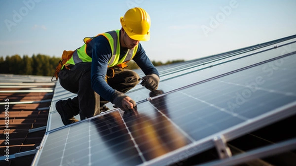Obraz Electrical engineer installing solar panels