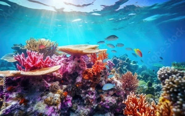 Fototapeta Coral reefs thrive in clear waters, advocating for reducing plastic pollution to protect marine ecosystems