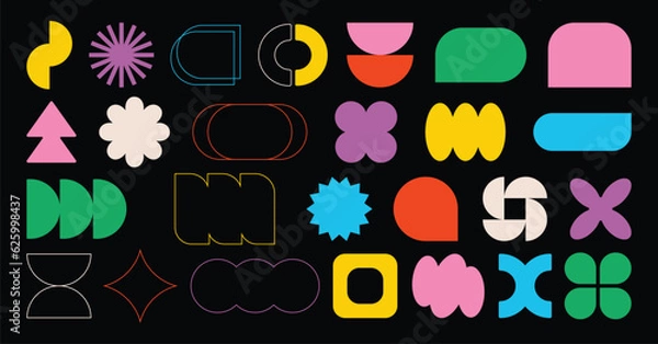 Fototapeta Set of abstract retro geometric shapes vector. Collection of contemporary figure, flower, speech bubble in 70s groovy style. Bauhaus Memphis design element perfect for banner, print, sticker, decor