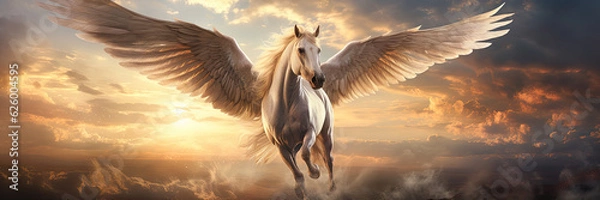 Obraz A pegasus flying in sky poster with copy space - Generative AI