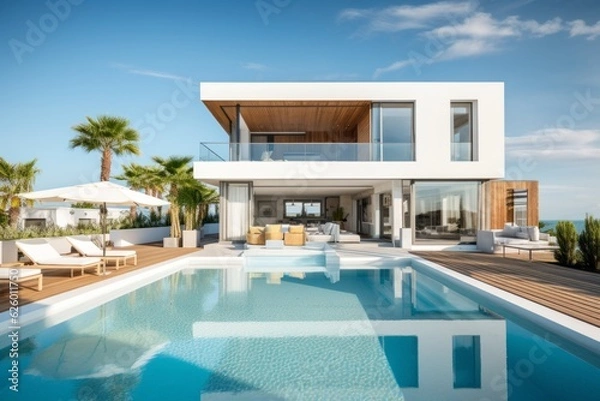 Obraz Modern and elegant villa with pool. AI generated