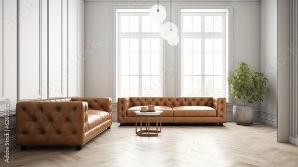 Fototapeta front view mock up room leather classic sofa with wall backdrop template interior room design background clean clear home space interior daylight,ai generate