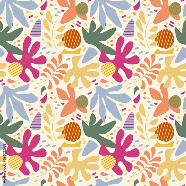 Fototapeta Seamless pattern with abstract elements resembling plant forms. Green, pink color. For the design of fabric, wrapping paper, wallpaper.
