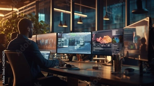 Fototapeta A scene showcasing a team of software developers coding, collaborating, and testing applications in a modern development environment