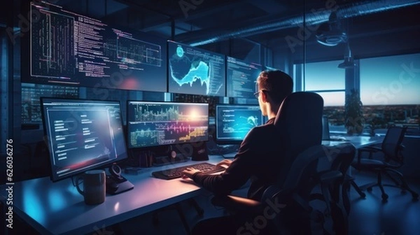 Fototapeta A scene showcasing a team of software developers coding, collaborating, and testing applications in a modern development environment