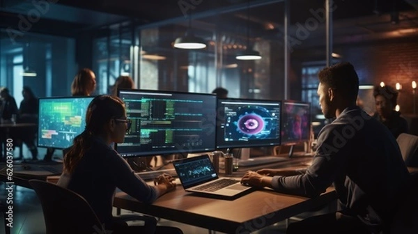 Fototapeta A scene showcasing a team of software developers coding, collaborating, and testing applications in a modern development environment