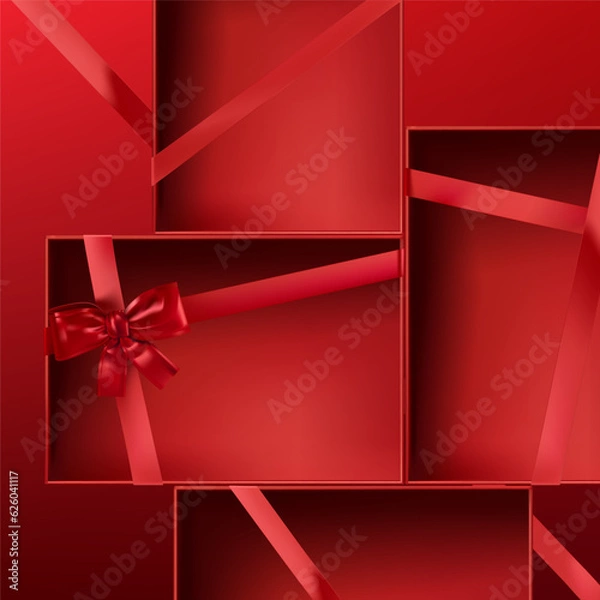 Fototapeta Abstract 3D Vector minimal scene for mockup product display. Minimal product background for Christmas and sale event concept. Red gift box with red ribbon bow on red background. Vector EPS10