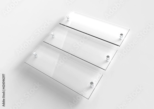 Obraz Three blank transparent glass interior corporate signage plates Mock up template, Clear boards for branding, logo. Transparent acrylic advertising signboards mock-up side view. 3D rendering