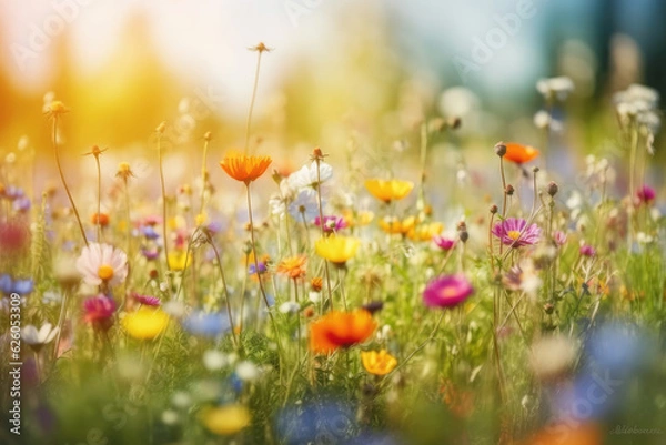 Fototapeta Colorful flower meadow with sunbeams and blue sky and bokeh lights in summer - nature background banner with copy space - summer greeting card wildflowers spring concept