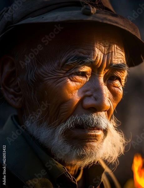 Fototapeta A closeup of an Asian old man's face illuminated by the light of a fire