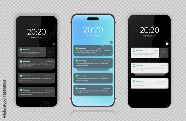 Obraz Push notification message on mobile phone on light background, smartphone mobile phone sms popup with updated check mark.