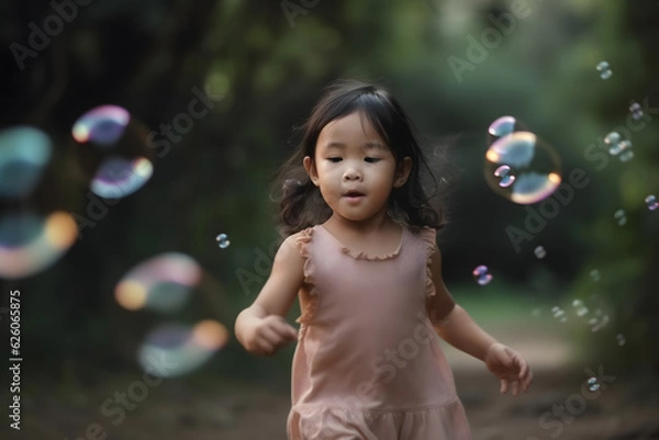 Fototapeta A girl playing in a field among soap bubbles. Generative AI