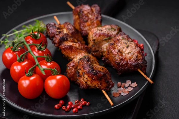 Obraz Delicious grilled chicken, turkey or pork skewers with salt, spices and herbs