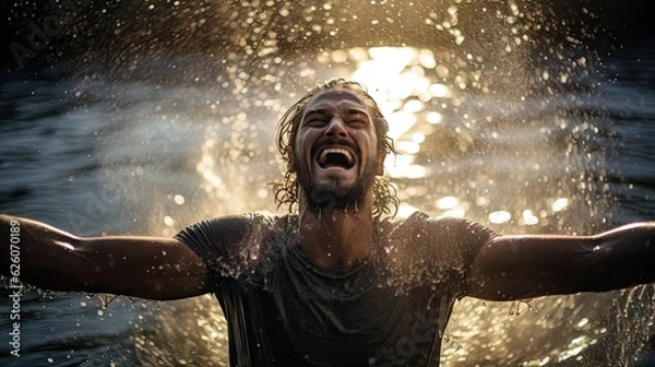 Fototapeta man happily emerging from water in the sun with a splash -  christian baptism - joy of water - refreshing feeling on a hot summer day - generative ai - imaginary person