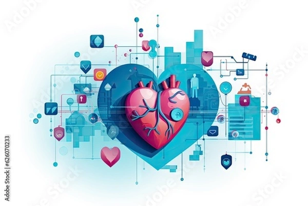 Fototapeta illustration of a human heart in the center of a data network - medical data management - connected health data - generative ai
