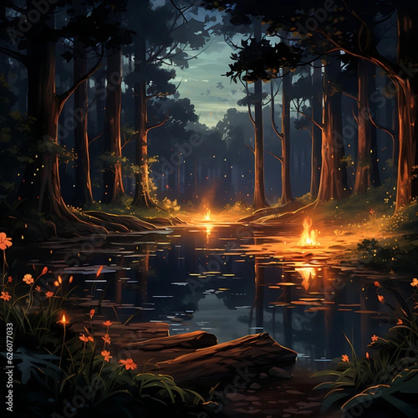 Fototapeta Forest campfire at night flames illuminating jungle, Fireplace in forest with long trees, Aesthetic bonefire in forest illustration background, generative ai