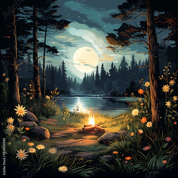 Fototapeta Campfire in forest in night near lake, Fully moonlight lit forest with clouds, generative ai illustration