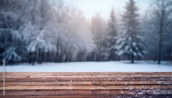 Obraz Empty Wooden table in front of winter landscape blurred background